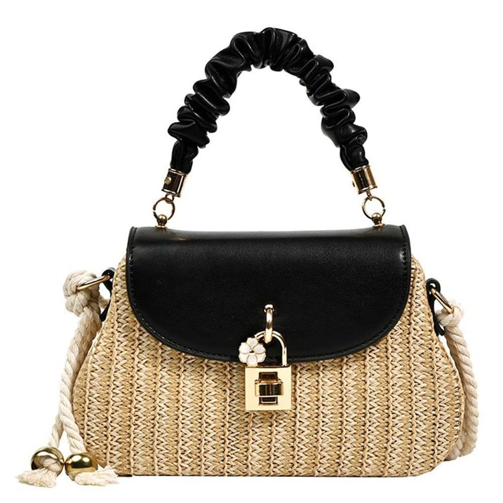 Straw Crossbody Bag Hand Woven Shoulder Bag Leather Top Handle :O